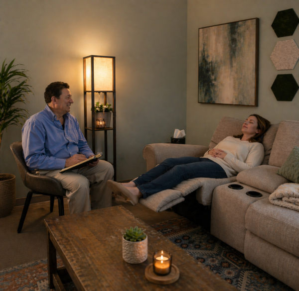 Paul with client who is on a recliner, under hypnosis.
