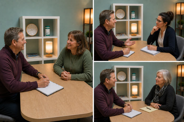 Three photos in a collage, of Paul with different clients ranging in age.