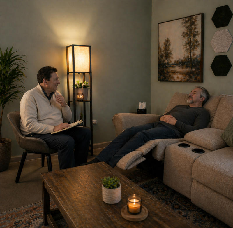 Paul with older male client, reclining, under hypnosis.