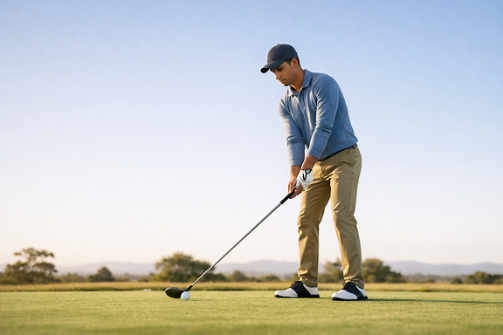 Man swinging club on golf course.